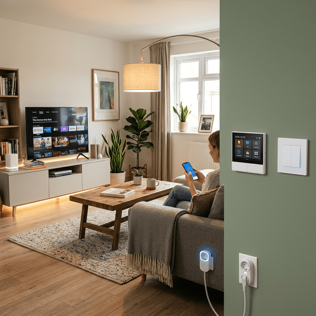 Living room with smart home control panel, smart plug, and person using smartphone