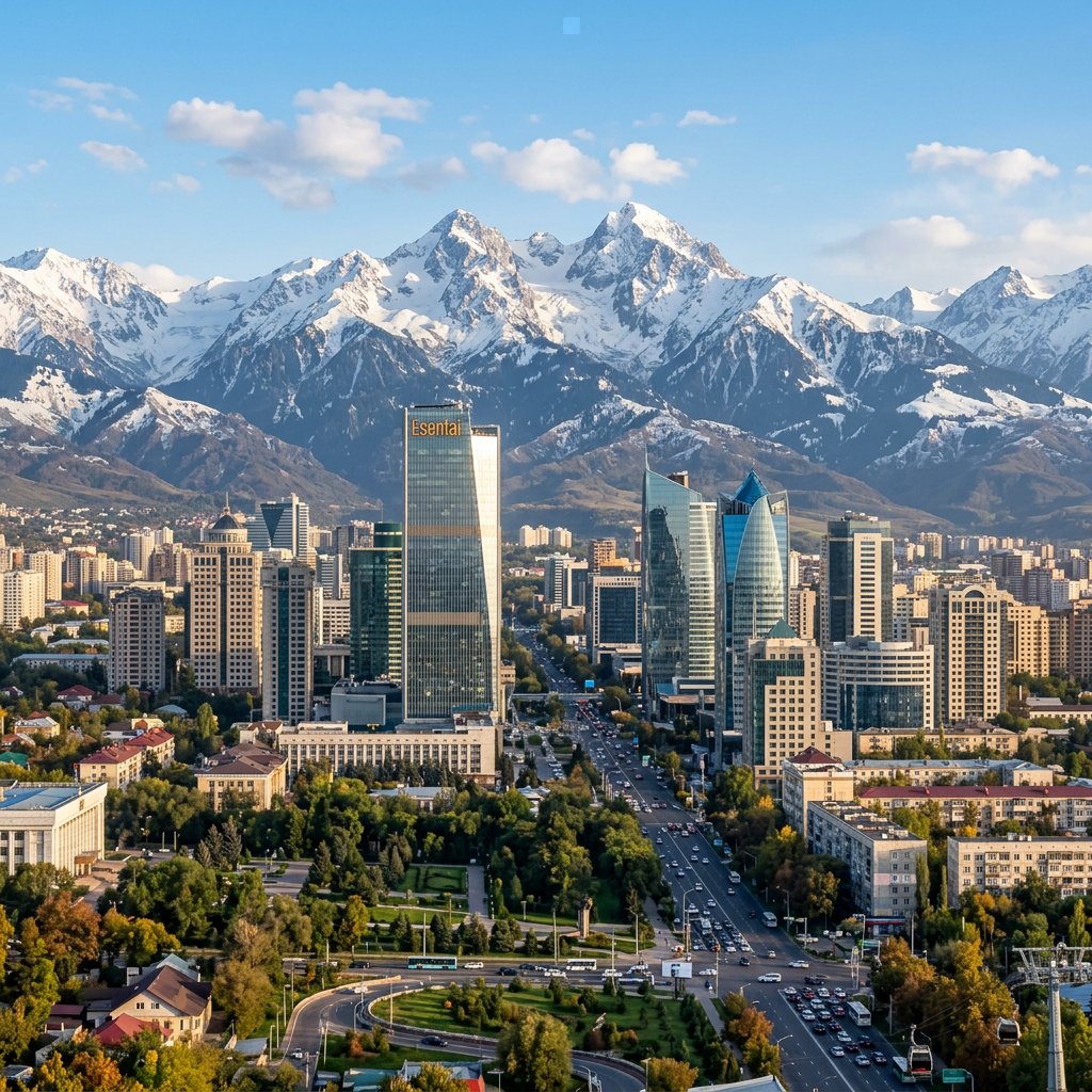 Almaty city skyline with Esentai Tower and snow-covered Tian Shan mountains