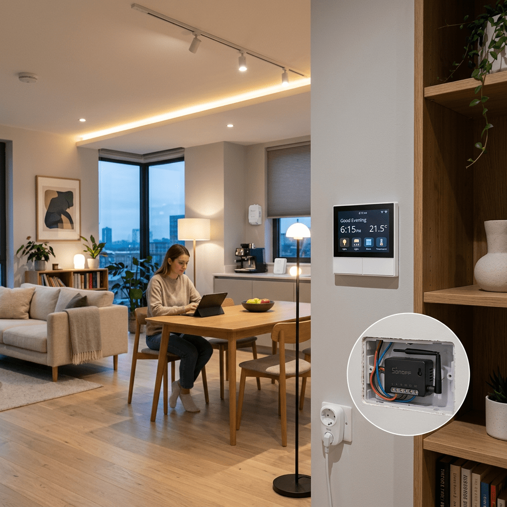 Modern living room with a woman seated at a wooden table using a tablet and a wall-mounted smart home control panel displaying time, temperature, and settings.